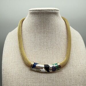 Vintage Gold Tone Mesh Enamel Face Rhinestone Statement Collar Necklace Unmarked